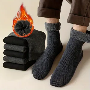 4 Pairs Men's Thickened Fleece Lined Thermal Socks - Knit Polyester Warm Mid-Calf Winter Socks with Solid Color Design - 70% Polyester, 30% Cotton Blend, Hand Wash Only