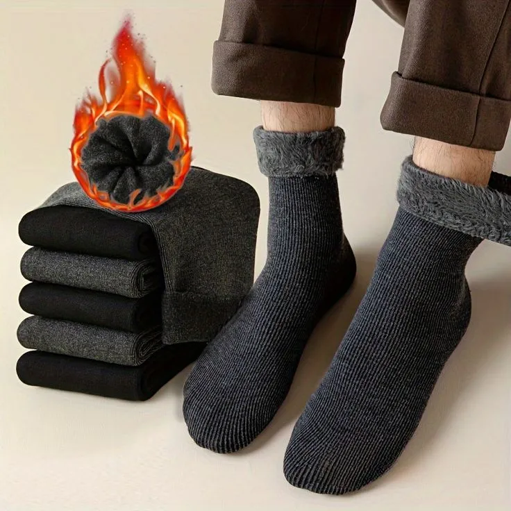 4 Pairs Men's Thickened Fleece Lined Thermal Socks - Knit Polyester Warm Mid-Calf Winter Socks with Solid Color Design - 70% Polyester, 30% Cotton Blend, Hand Wash Only