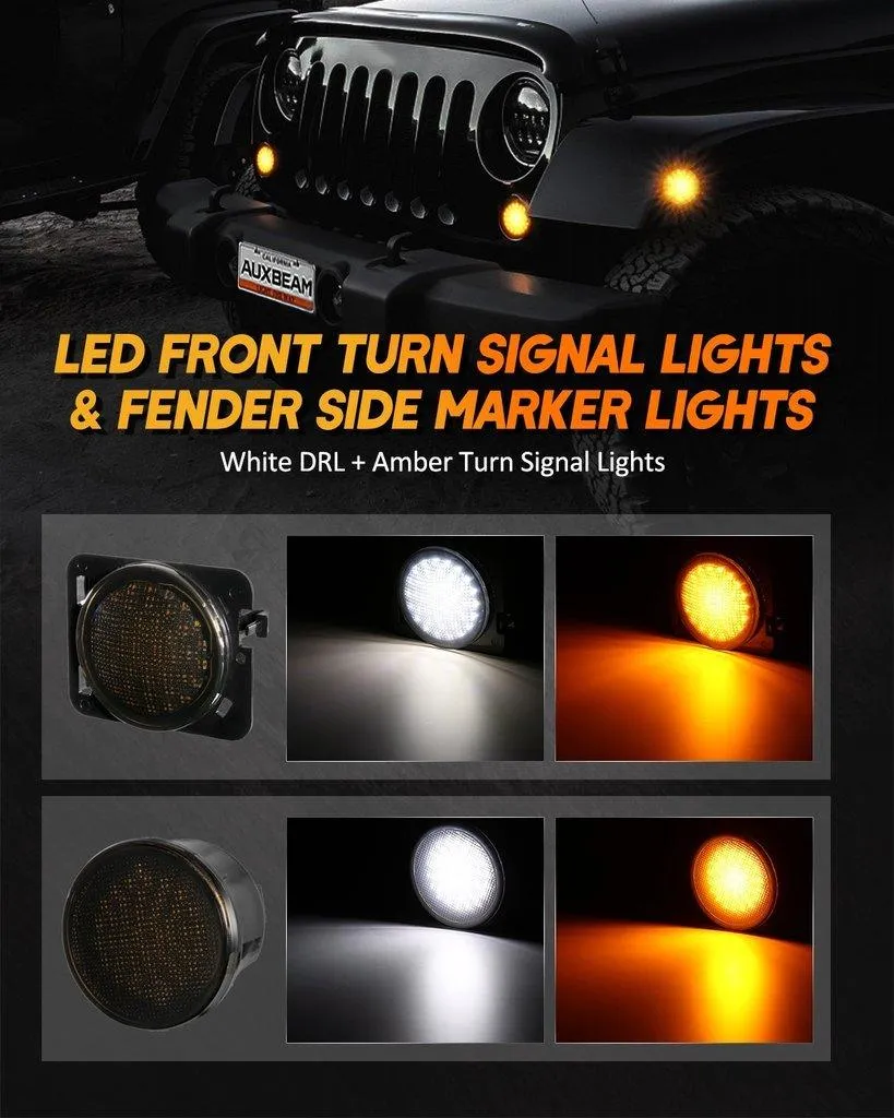 7'' LED Headlight Replacement   4'' LED Fog Light   LED Smoke Tail Light   Front Turn Signal & Fender Flares Side Marker Light for Jeep Wrangler JK