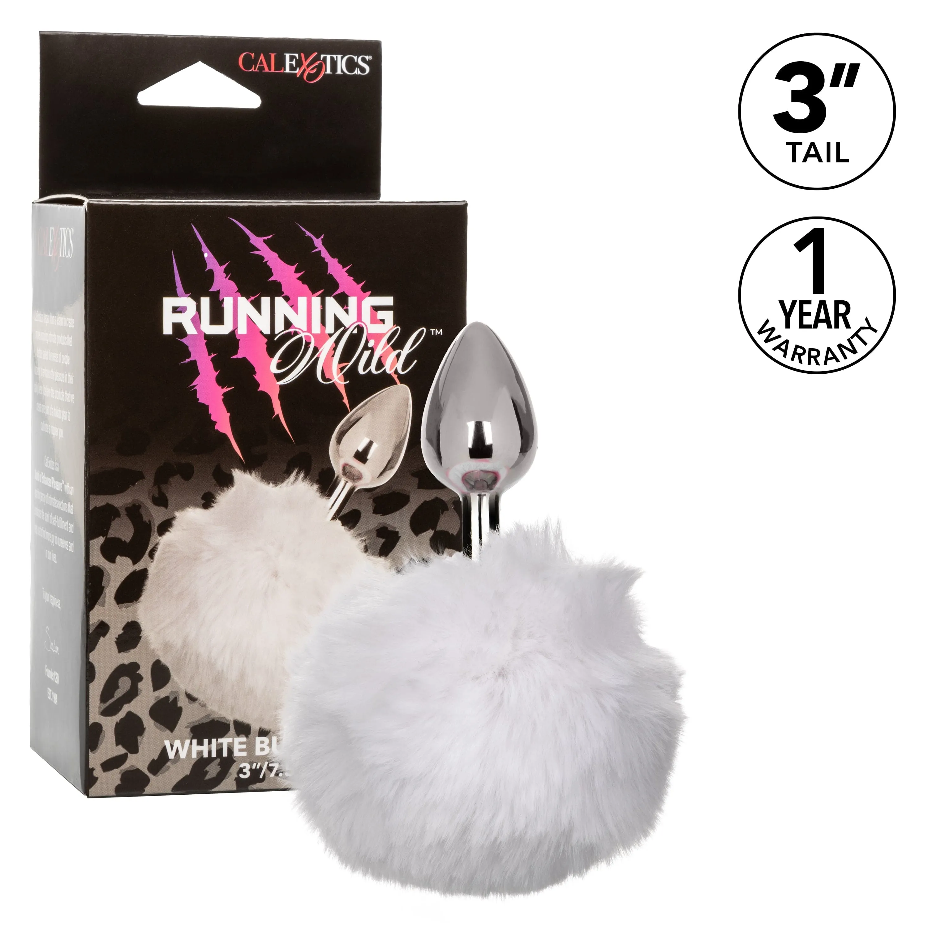 California Exotics - Running Wild White Bunny Tail Metal Anal Plug