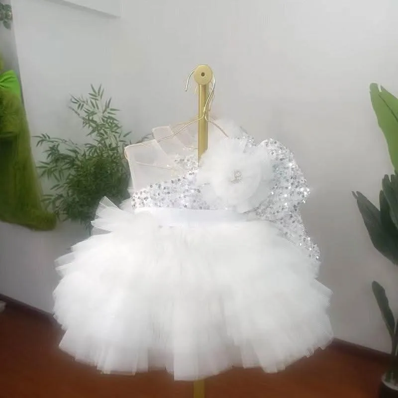 Christmas party sequin long sleeve fluffy bow girls princess dress