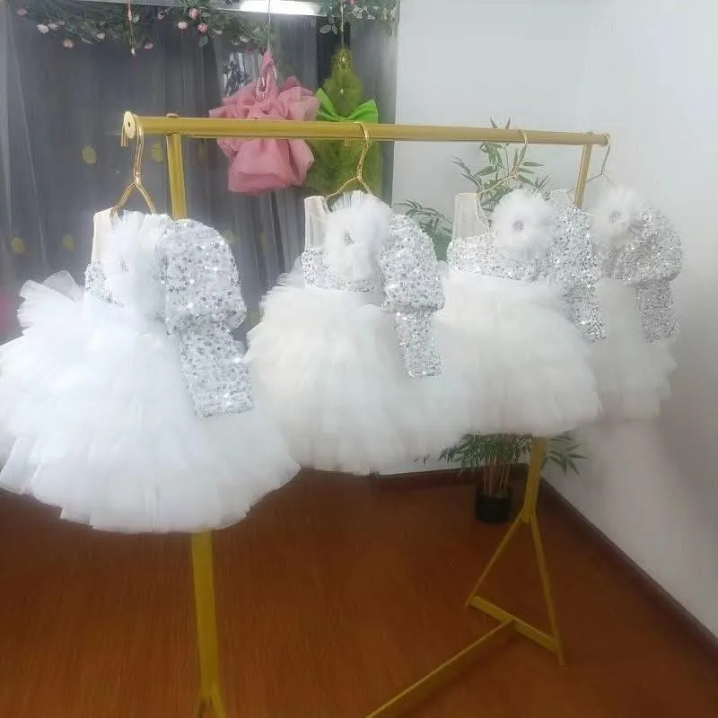 Christmas party sequin long sleeve fluffy bow girls princess dress