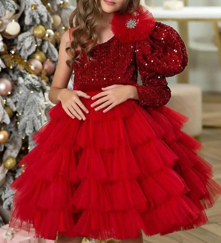 Christmas party sequin long sleeve fluffy bow girls princess dress