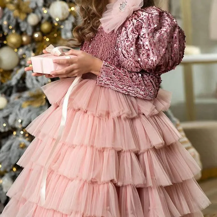Christmas party sequin long sleeve fluffy bow girls princess dress