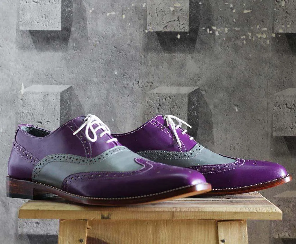 Men's Purple Gray Wing Tip Brogue Leather Shoe