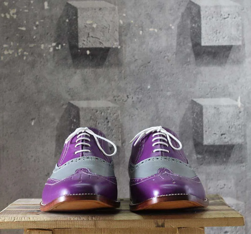Men's Purple Gray Wing Tip Brogue Leather Shoe