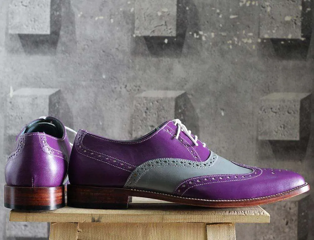Men's Purple Gray Wing Tip Brogue Leather Shoe