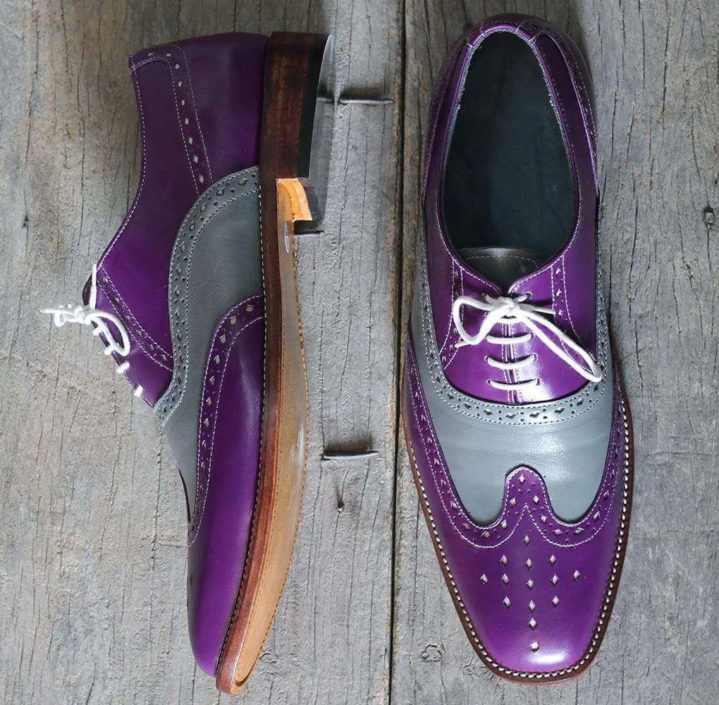 Men's Purple Gray Wing Tip Brogue Leather Shoe