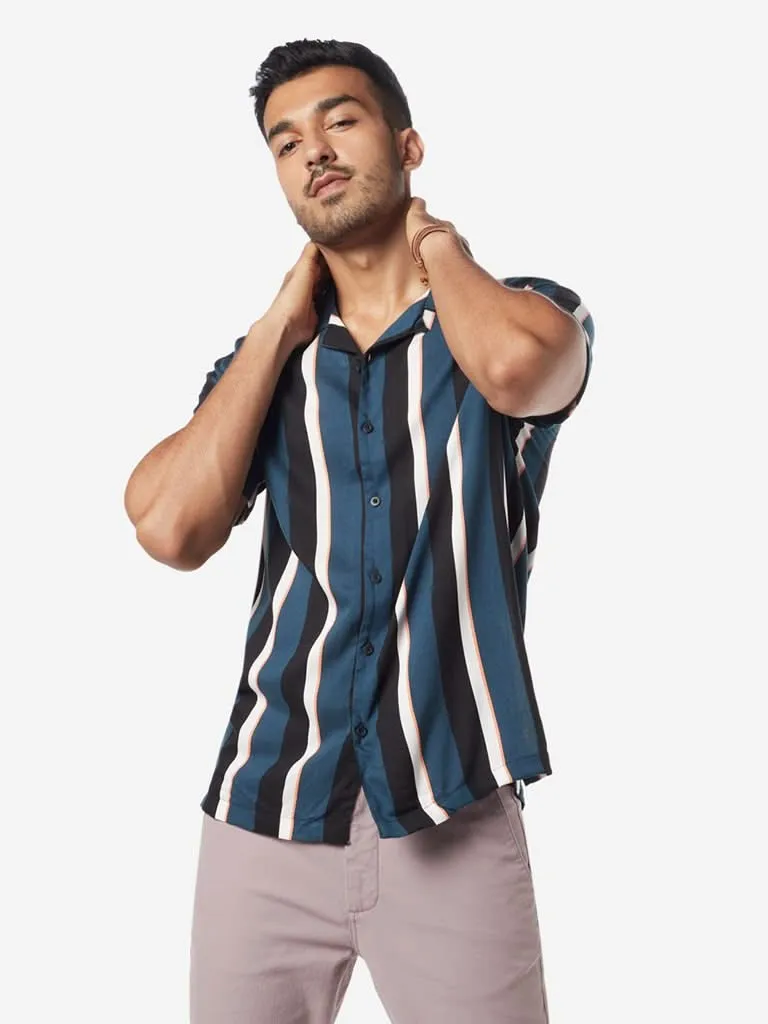 Nuon Teal Striped Relaxed-Fit Shirt