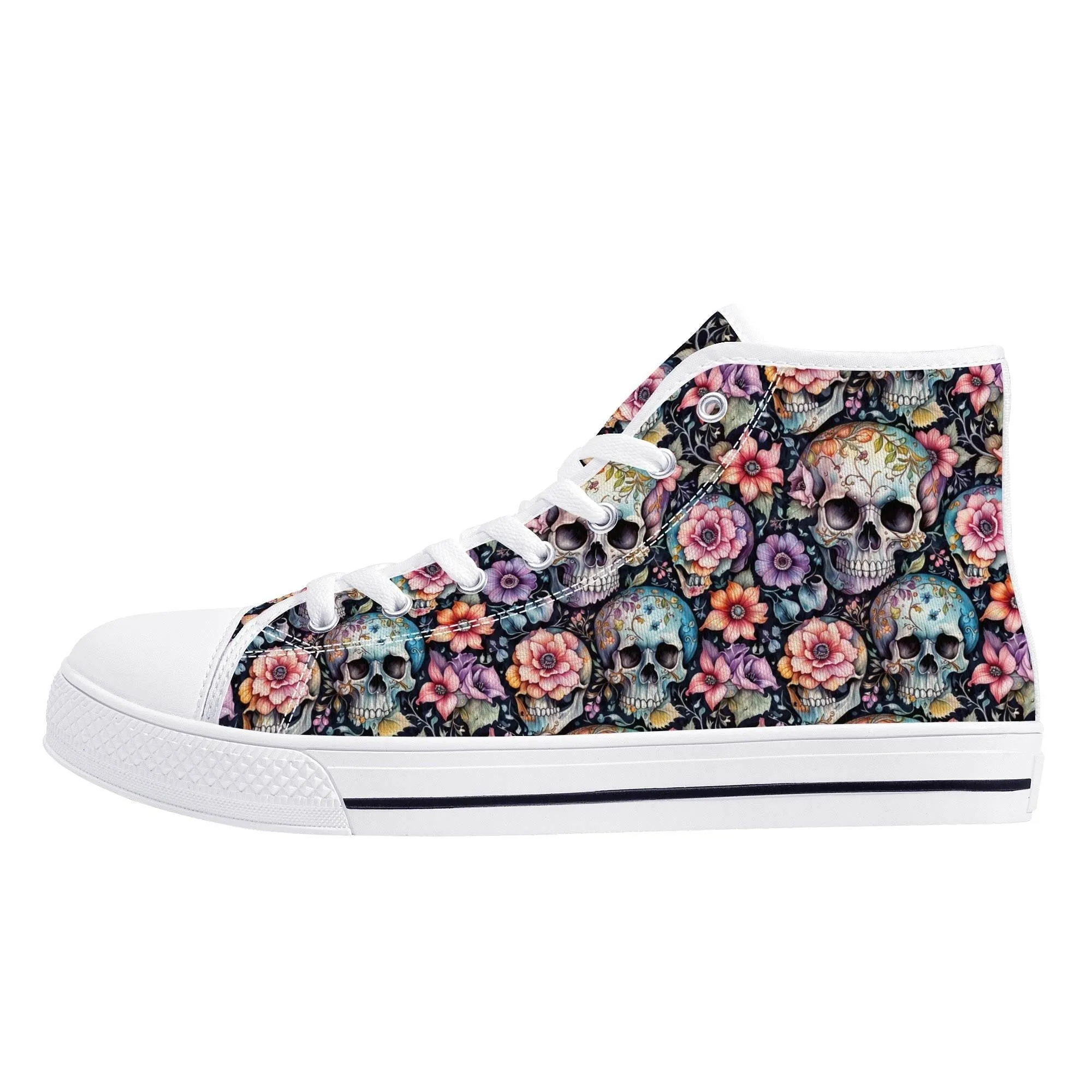 Pastel Floral and Skulls Mens High Top Canvas Shoes