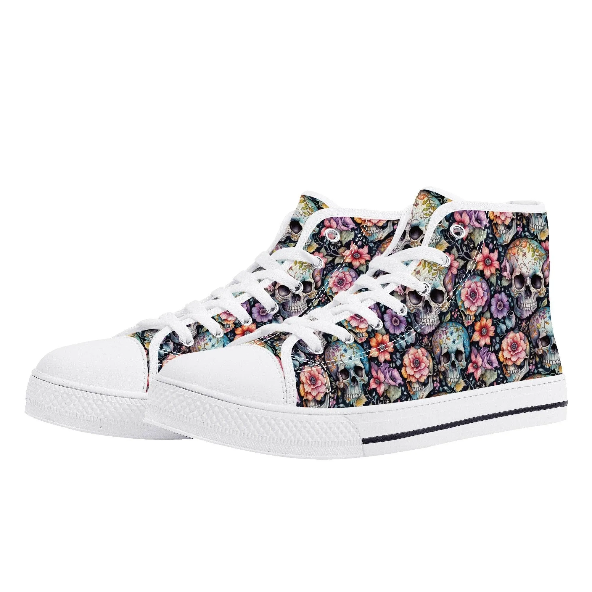 Pastel Floral and Skulls Mens High Top Canvas Shoes