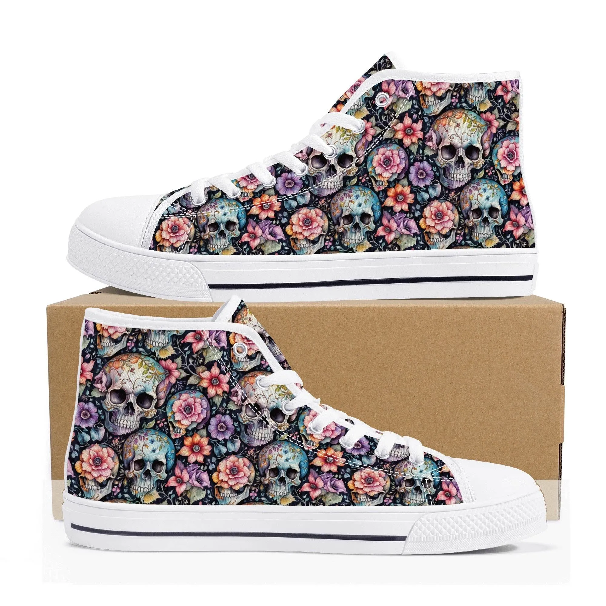 Pastel Floral and Skulls Mens High Top Canvas Shoes