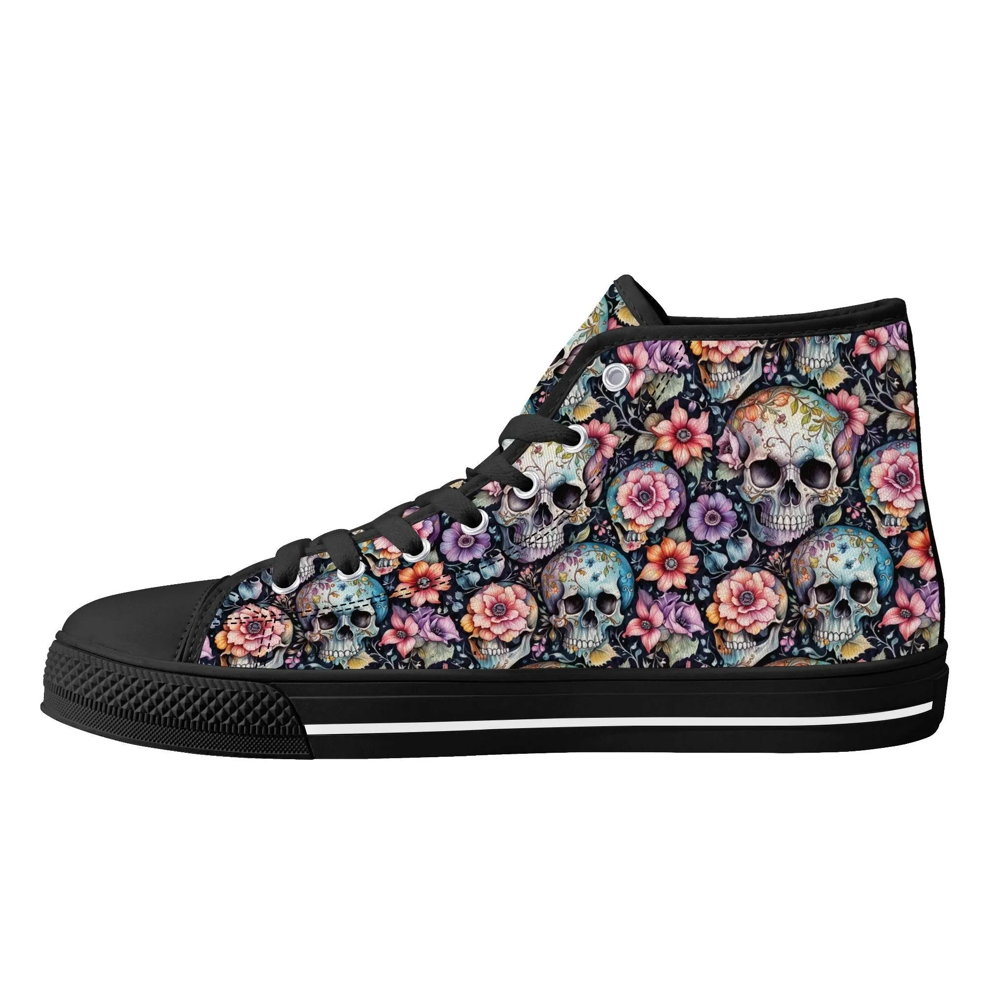 Pastel Floral and Skulls Mens High Top Canvas Shoes