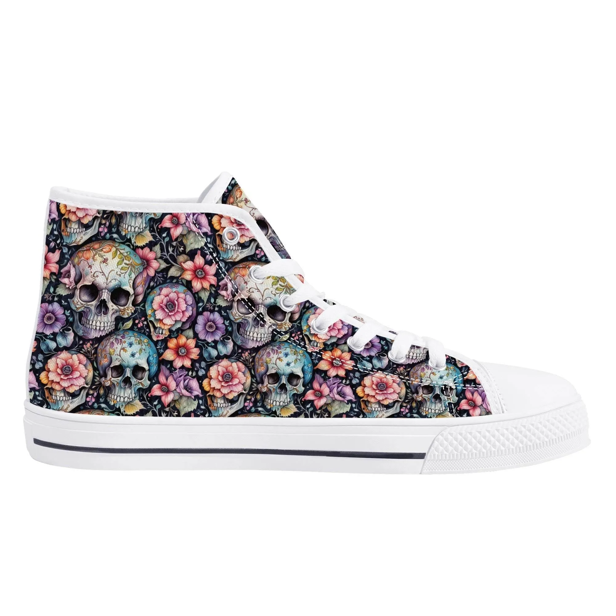 Pastel Floral and Skulls Mens High Top Canvas Shoes
