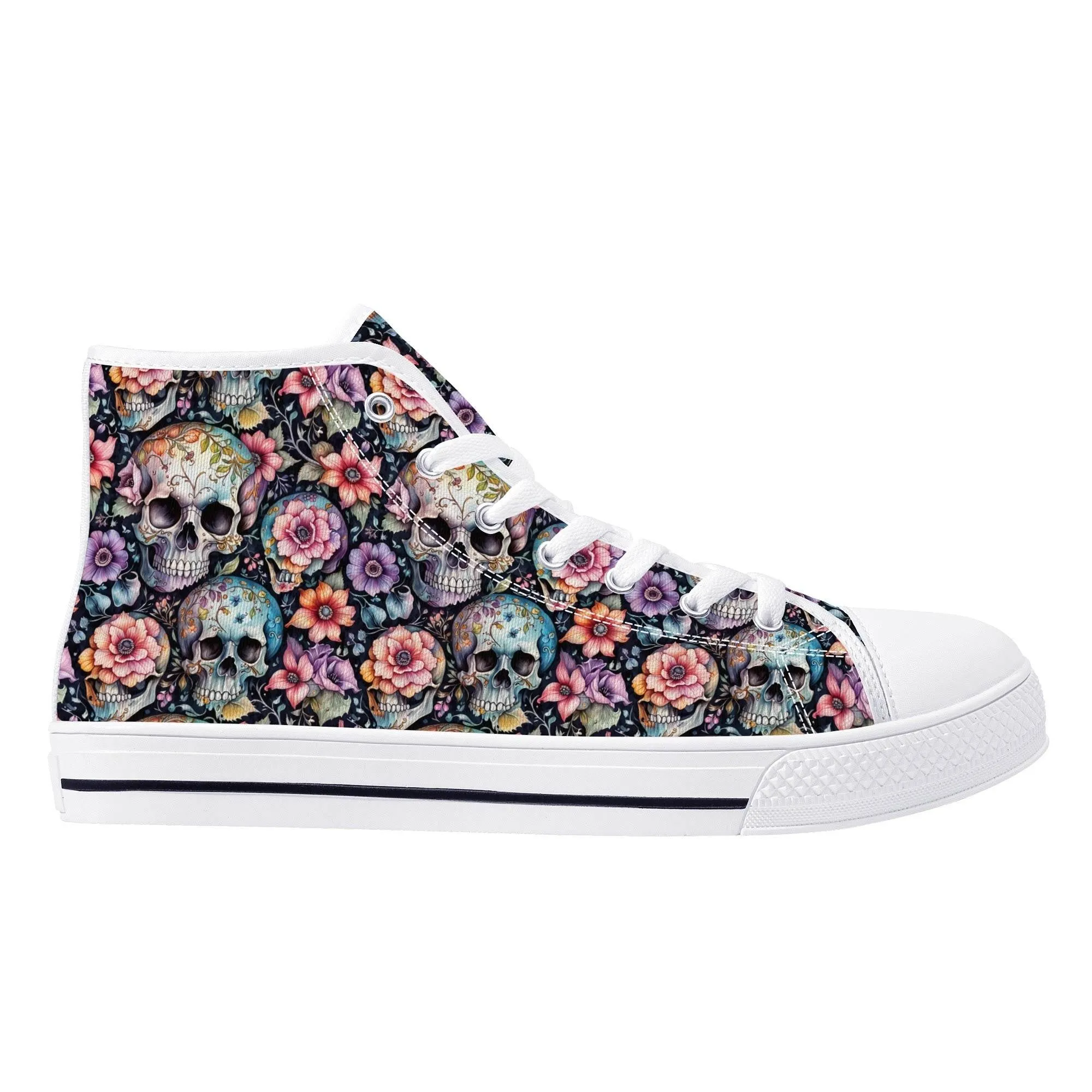 Pastel Floral and Skulls Mens High Top Canvas Shoes