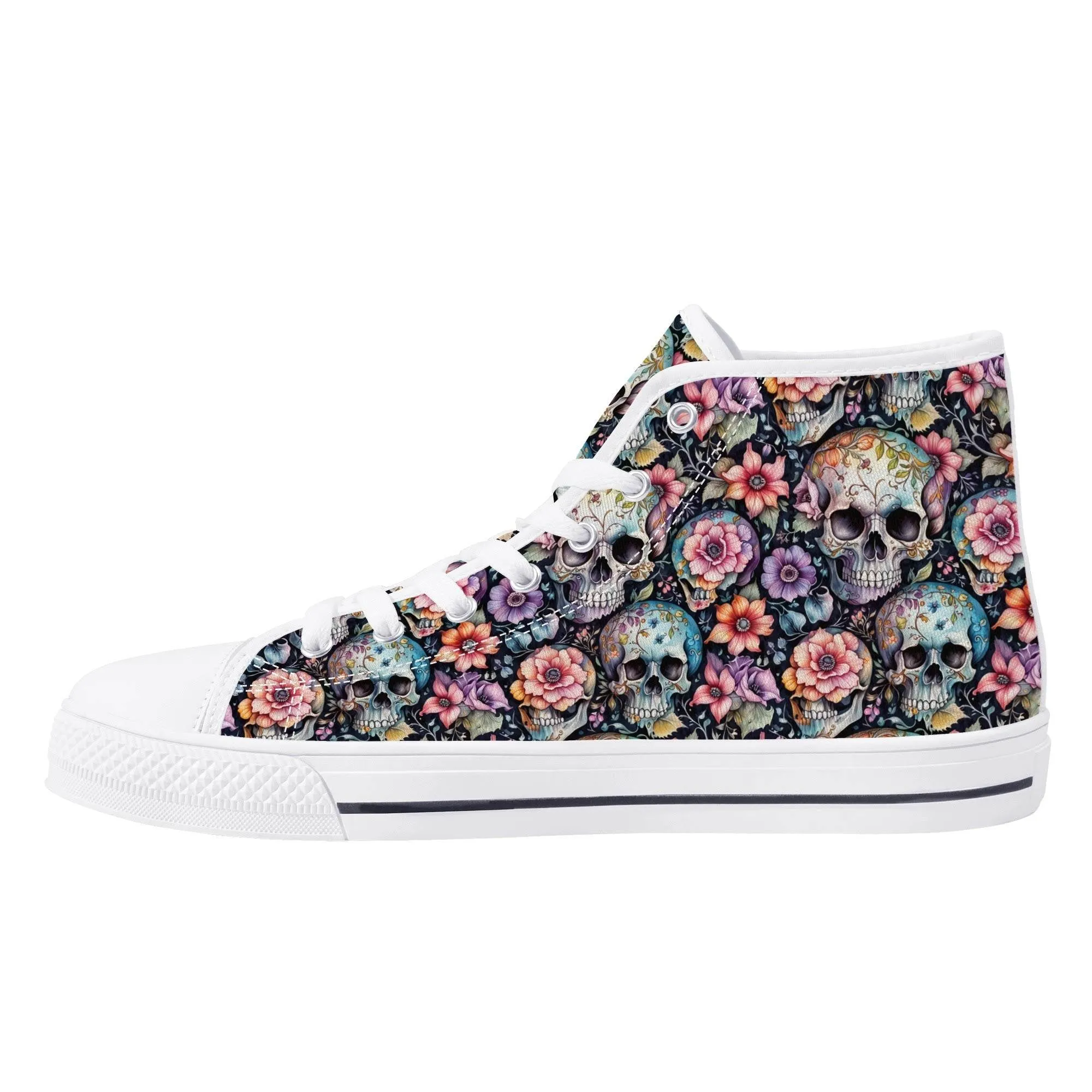 Pastel Floral and Skulls Mens High Top Canvas Shoes