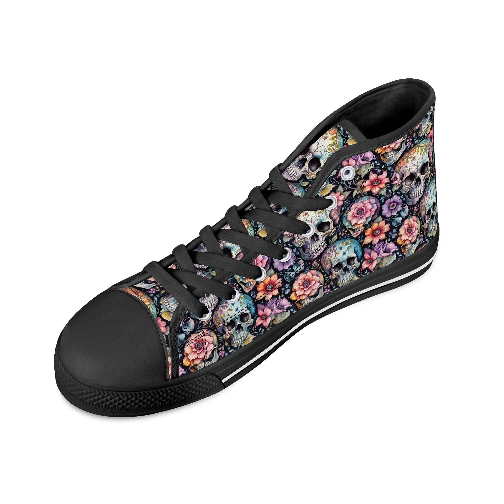 Pastel Floral and Skulls Mens High Top Canvas Shoes