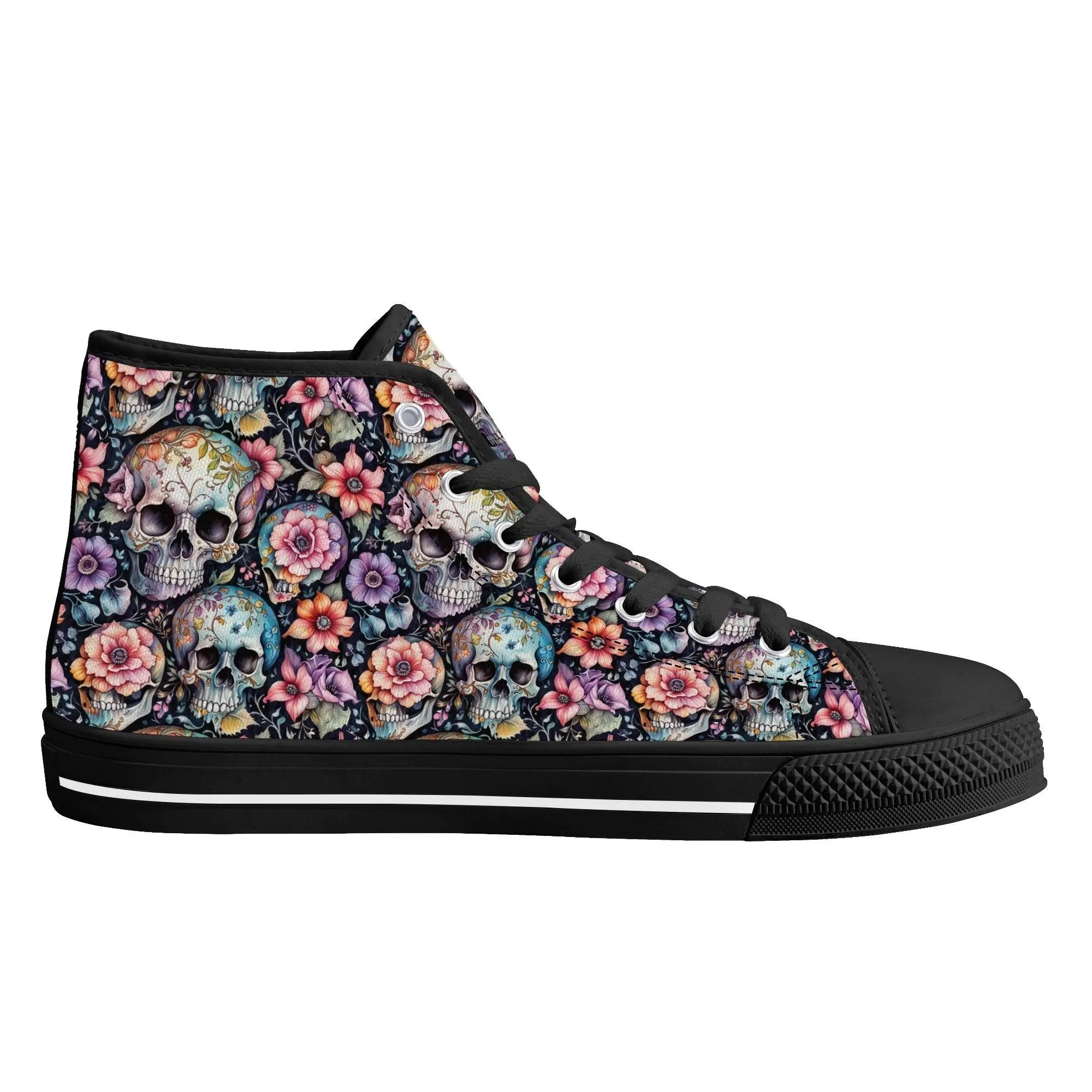 Pastel Floral and Skulls Mens High Top Canvas Shoes