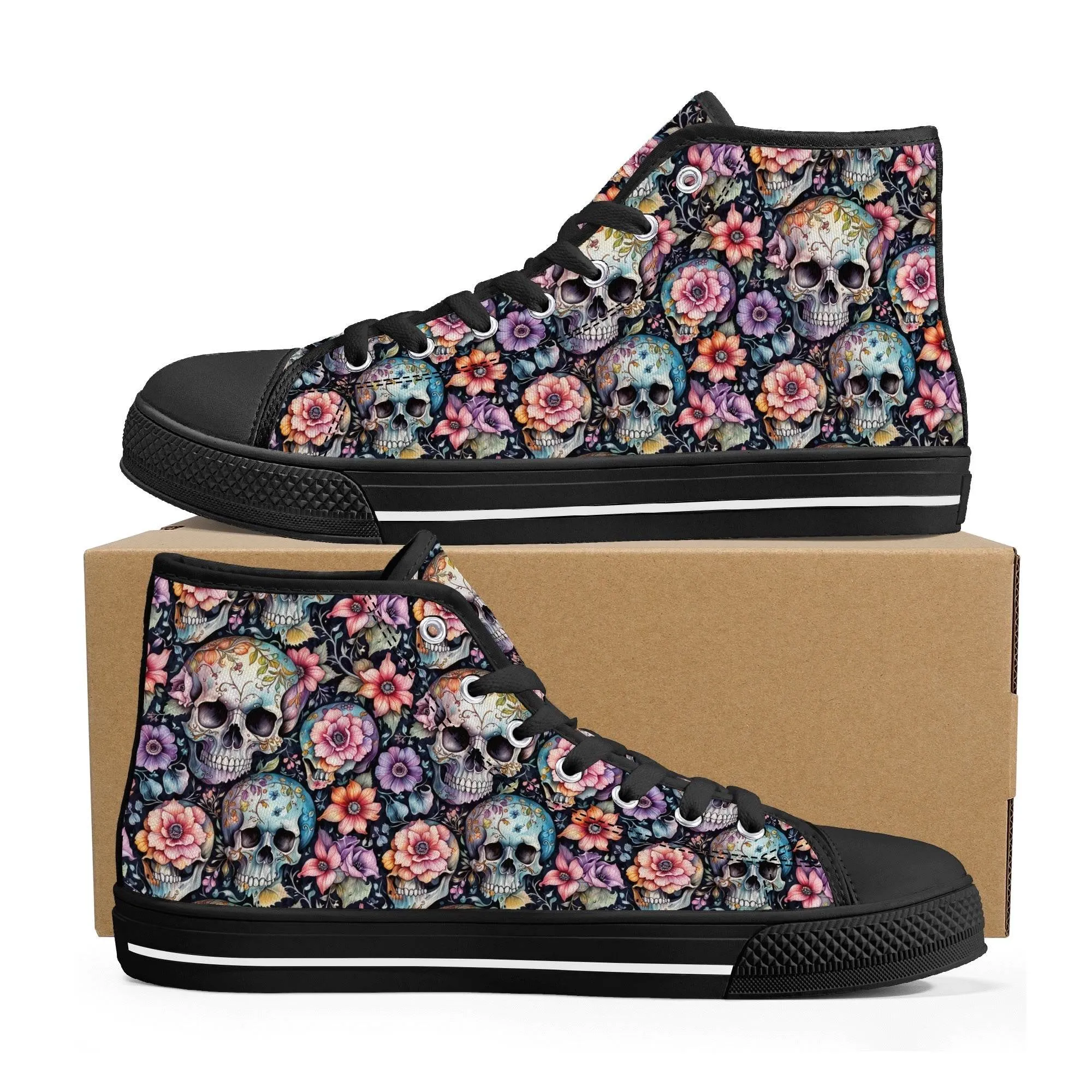 Pastel Floral and Skulls Mens High Top Canvas Shoes