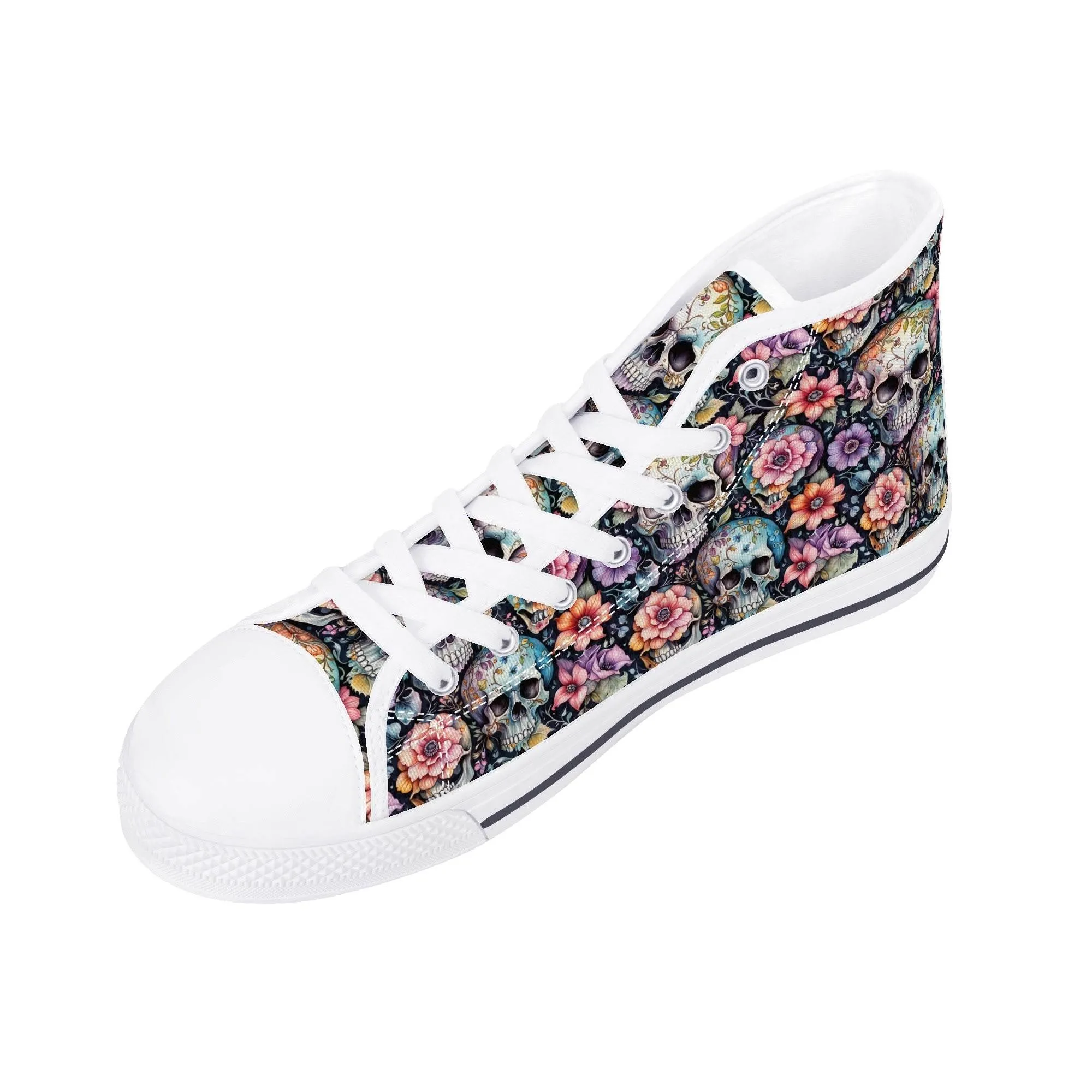 Pastel Floral and Skulls Mens High Top Canvas Shoes