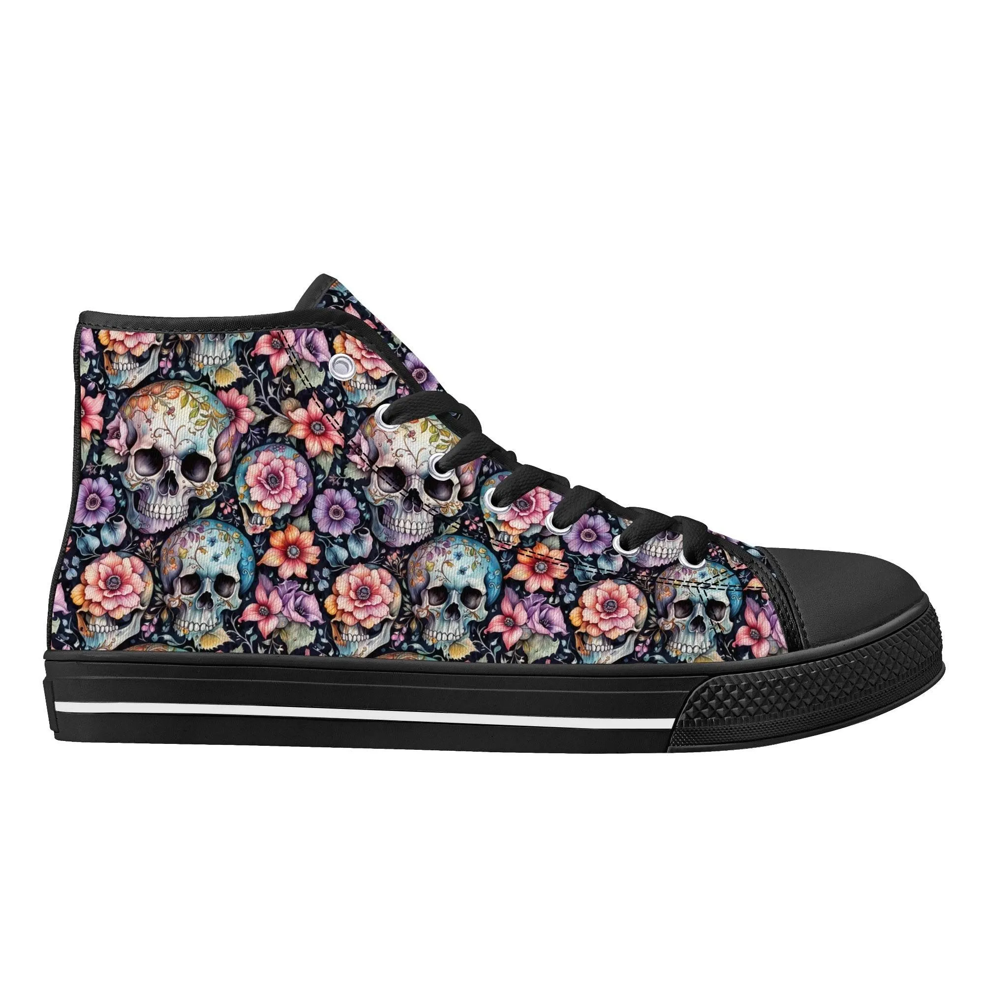 Pastel Floral and Skulls Mens High Top Canvas Shoes