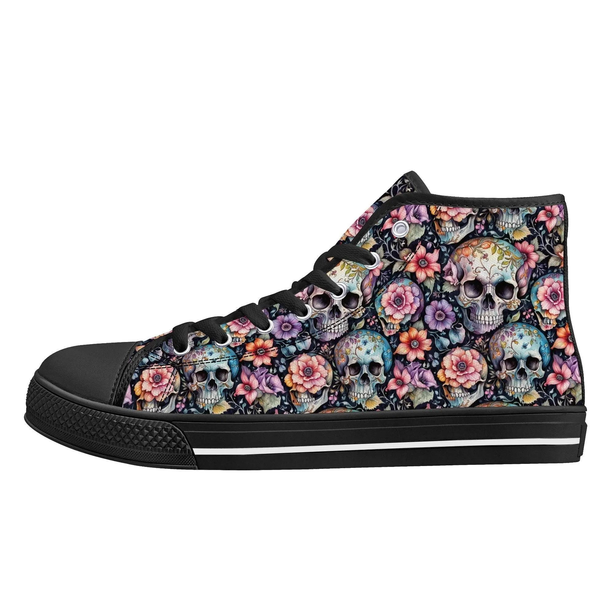 Pastel Floral and Skulls Mens High Top Canvas Shoes