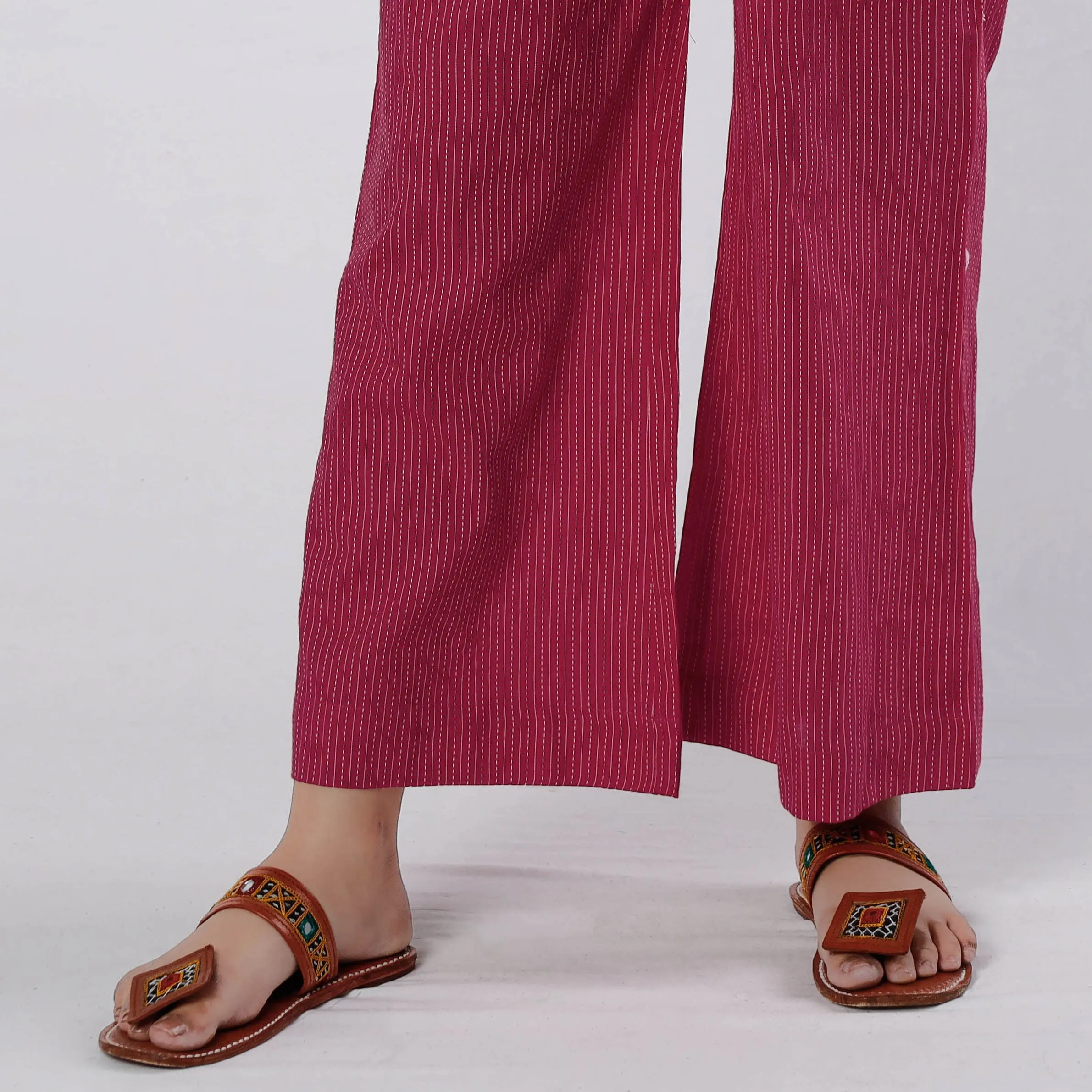 Pink - Running Stitch Cotton Palazzo by iTokri Casuals