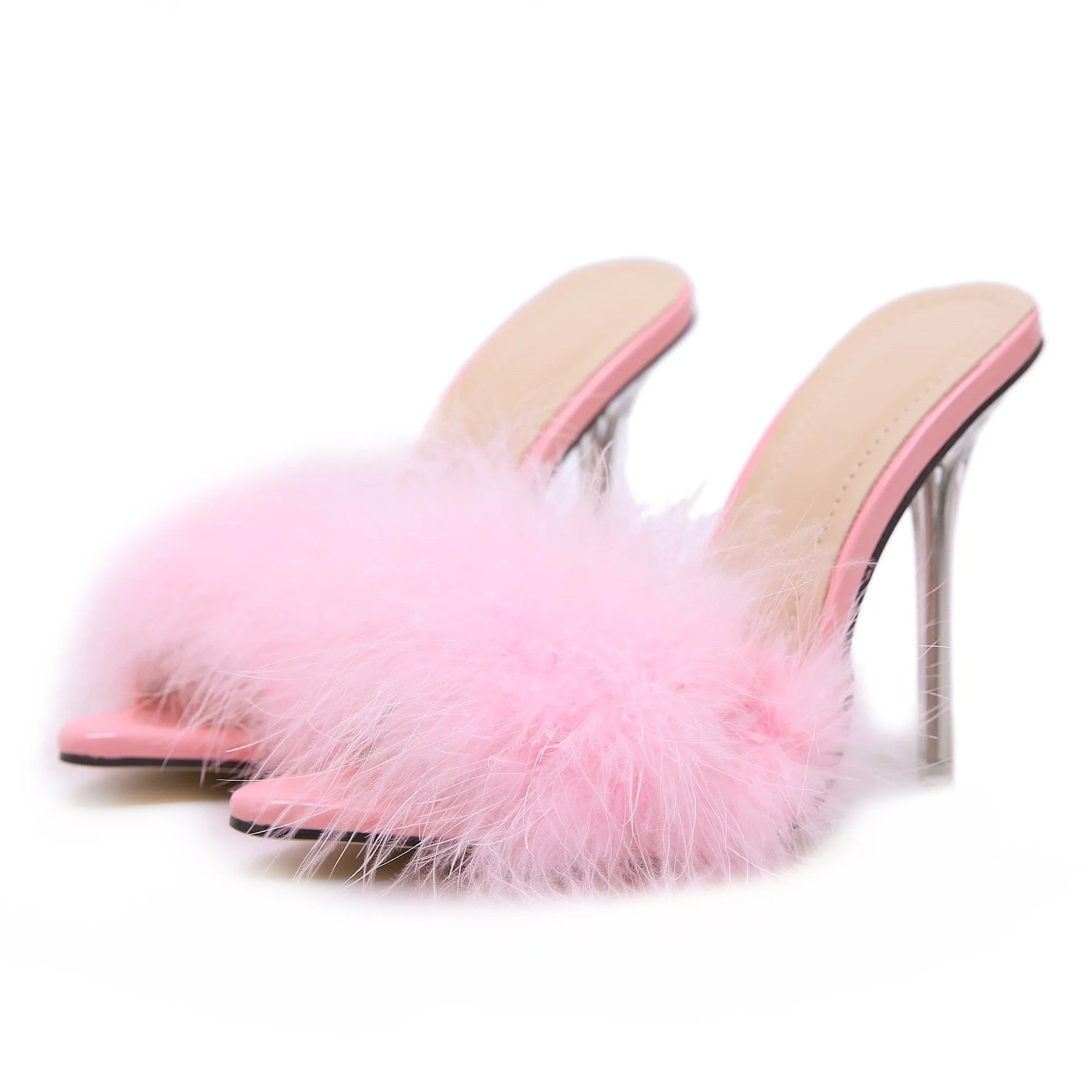 Sexy Pointed Toe Fluffy Sandals Stiletto Heels
