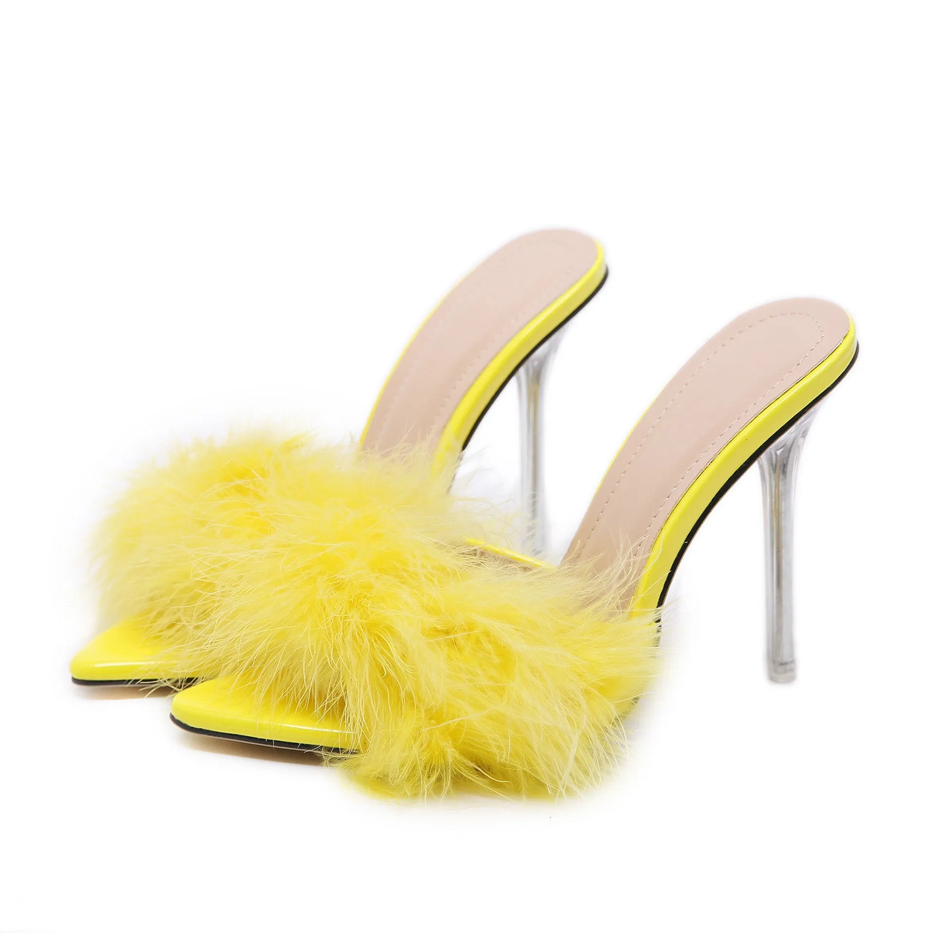 Sexy Pointed Toe Fluffy Sandals Stiletto Heels