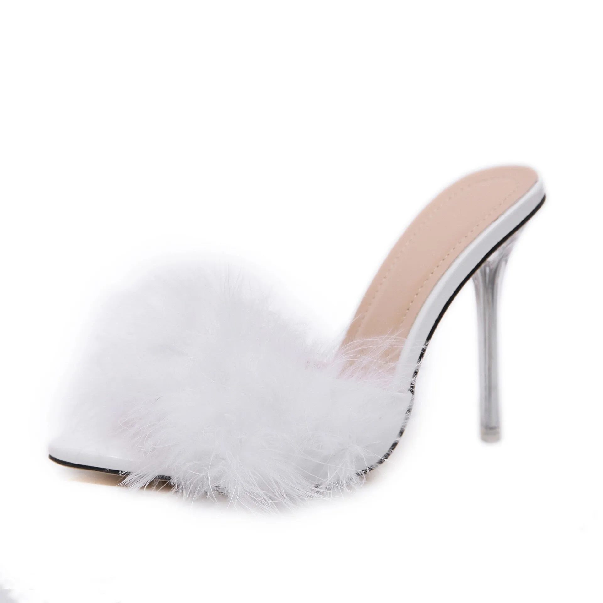 Sexy Pointed Toe Fluffy Sandals Stiletto Heels