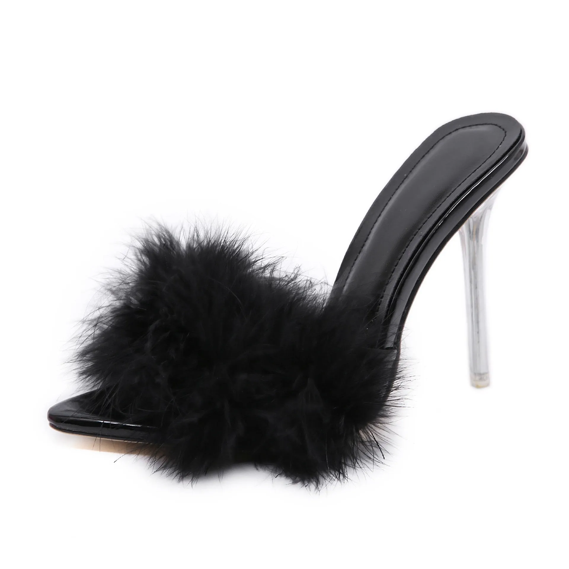 Sexy Pointed Toe Fluffy Sandals Stiletto Heels