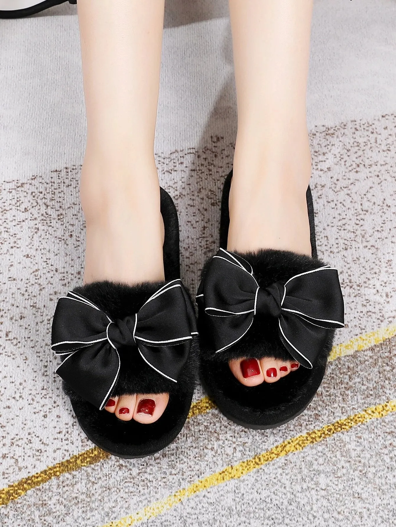 SHEIN Bow Decor Fluffy Bedroom Slippers