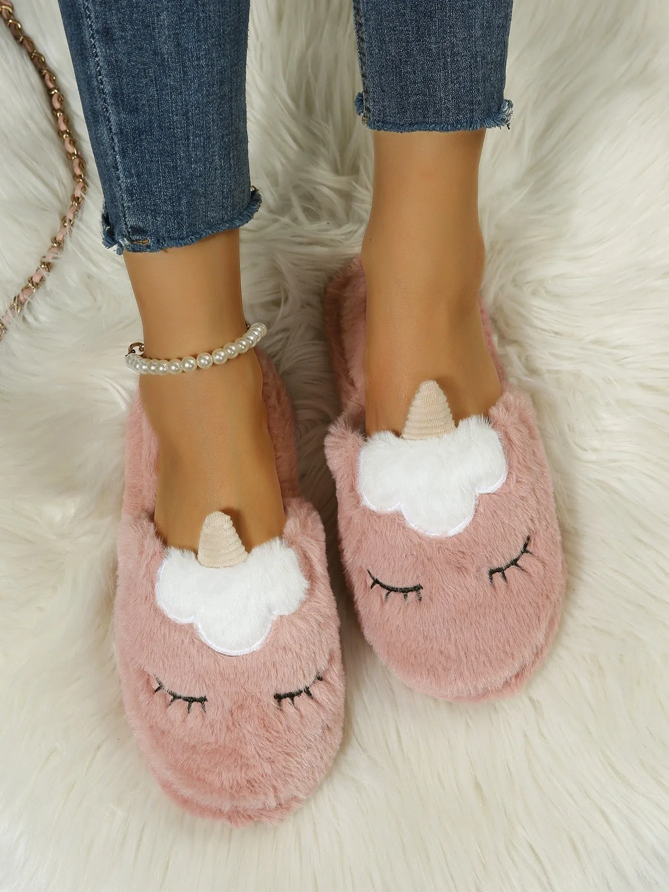 SHEIN Cartoon Unicorn Design Fluffy Novelty Slippers