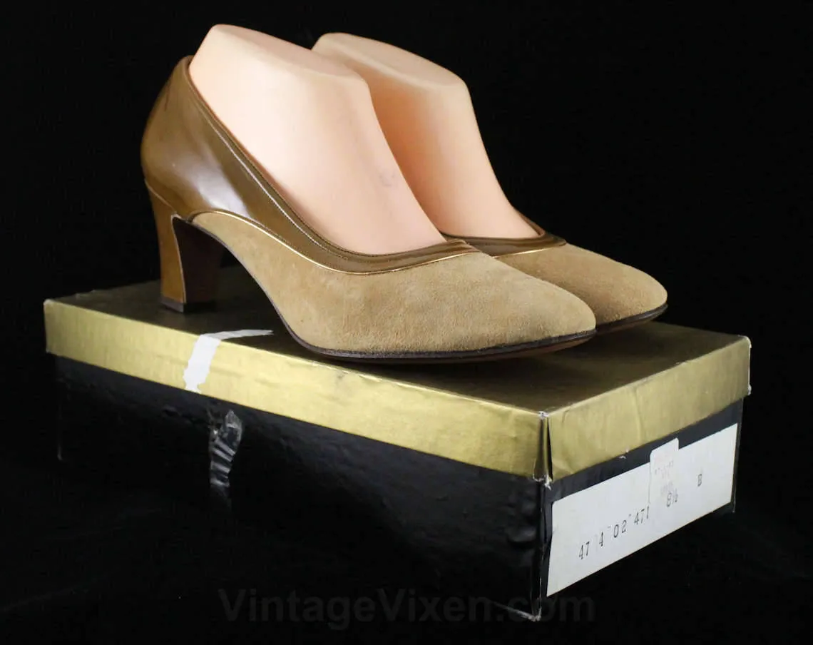 Size 8.5 Brown Shoes - Unworn Elegant Mod 1960s Suede Pumps - 8 1/2 B - Tan Taupe & Caramel Chic Curves - Sophisticated NOS 60s Deadstock