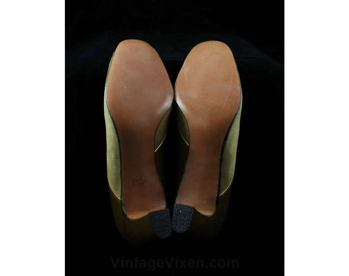 Size 8.5 Brown Shoes - Unworn Elegant Mod 1960s Suede Pumps - 8 1/2 B - Tan Taupe & Caramel Chic Curves - Sophisticated NOS 60s Deadstock