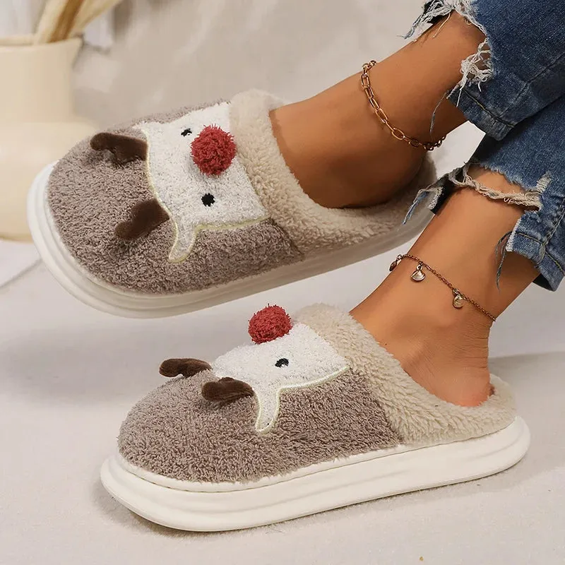 Sohiwoo Cartoon Christmas Elk Thick Bottom Cotton Slippers Women Winter Thicken Plush Indoor Slippers Woman Warm Fluffy Home Shoes