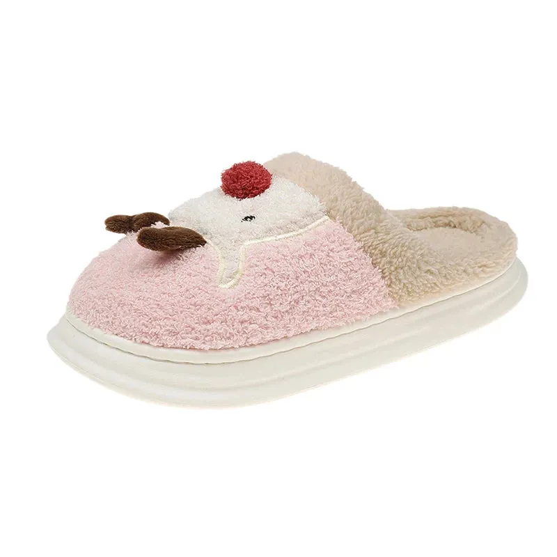 Sohiwoo Cartoon Christmas Elk Thick Bottom Cotton Slippers Women Winter Thicken Plush Indoor Slippers Woman Warm Fluffy Home Shoes