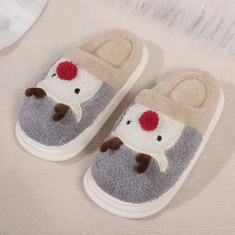 Sohiwoo Cartoon Christmas Elk Thick Bottom Cotton Slippers Women Winter Thicken Plush Indoor Slippers Woman Warm Fluffy Home Shoes