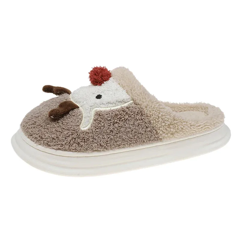 Sohiwoo Cartoon Christmas Elk Thick Bottom Cotton Slippers Women Winter Thicken Plush Indoor Slippers Woman Warm Fluffy Home Shoes