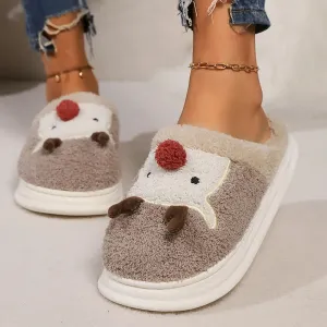 Sohiwoo Cartoon Christmas Elk Thick Bottom Cotton Slippers Women Winter Thicken Plush Indoor Slippers Woman Warm Fluffy Home Shoes