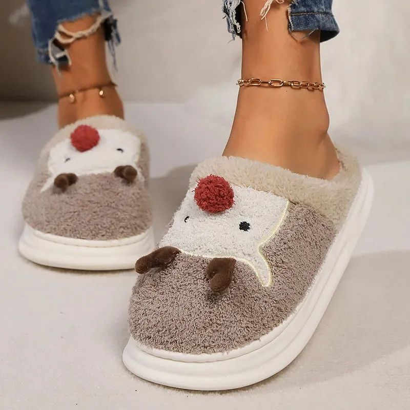 Sohiwoo Cartoon Christmas Elk Thick Bottom Cotton Slippers Women Winter Thicken Plush Indoor Slippers Woman Warm Fluffy Home Shoes