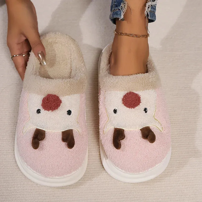 Sohiwoo Cartoon Christmas Elk Thick Bottom Cotton Slippers Women Winter Thicken Plush Indoor Slippers Woman Warm Fluffy Home Shoes