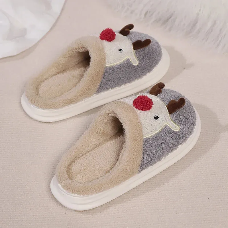 Sohiwoo Cartoon Christmas Elk Thick Bottom Cotton Slippers Women Winter Thicken Plush Indoor Slippers Woman Warm Fluffy Home Shoes