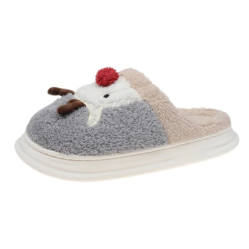 Sohiwoo Cartoon Christmas Elk Thick Bottom Cotton Slippers Women Winter Thicken Plush Indoor Slippers Woman Warm Fluffy Home Shoes