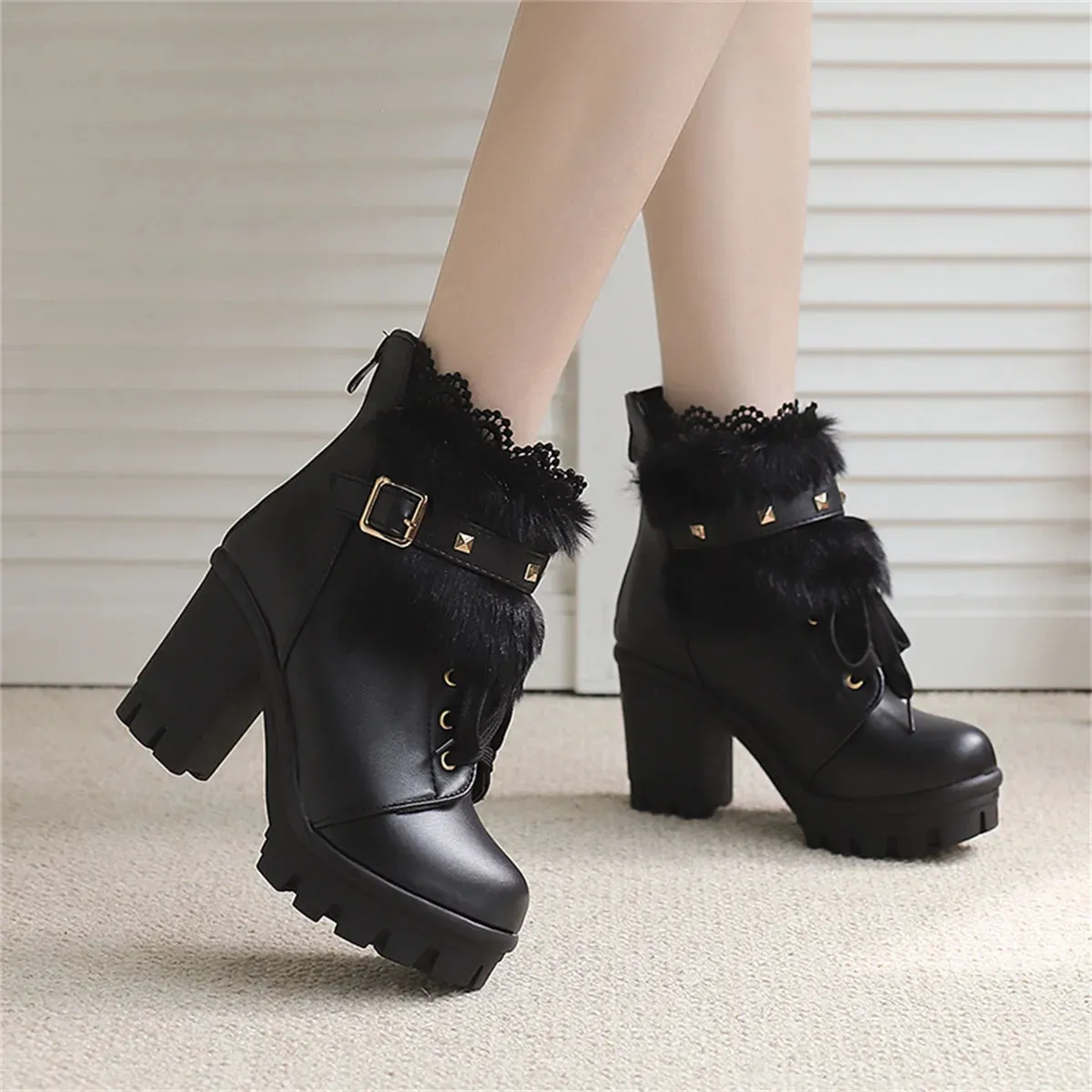 Sohiwoo Japanese Winter Warm Cosplay Sweet Girls Shoes Lolita Lace Fluffy Lacing Strap Round Head Zipper 9cm Elegant High Top Boots