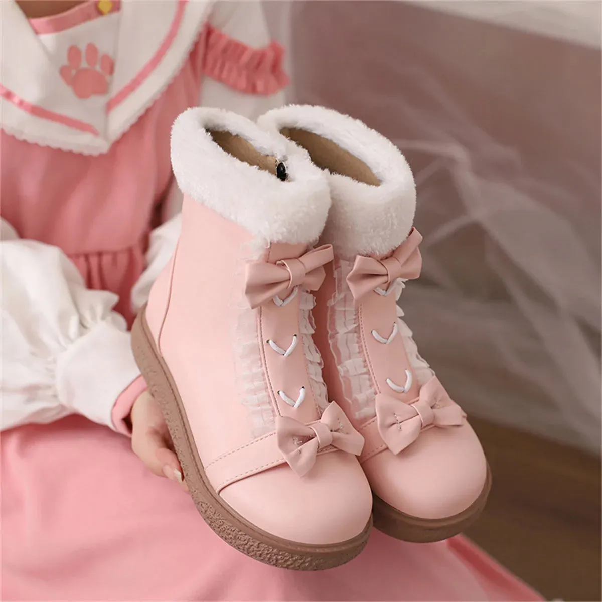 Sohiwoo Winter Warm Japanese Girls Shoes Cosplay Sweet Lolita Fluffy High Top Round Head Flat Bottom Bowknot Lace Zipper 4cm Pu Boots