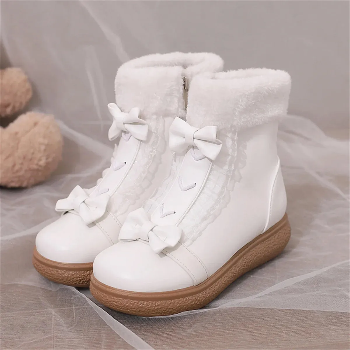 Sohiwoo Winter Warm Japanese Girls Shoes Cosplay Sweet Lolita Fluffy High Top Round Head Flat Bottom Bowknot Lace Zipper 4cm Pu Boots