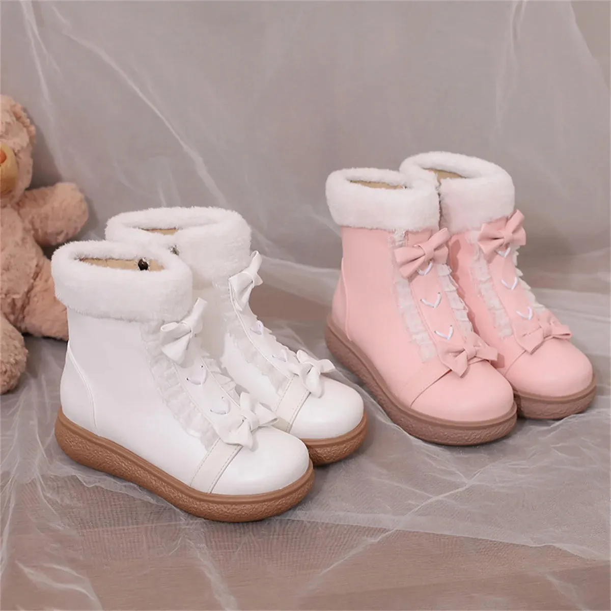 Sohiwoo Winter Warm Japanese Girls Shoes Cosplay Sweet Lolita Fluffy High Top Round Head Flat Bottom Bowknot Lace Zipper 4cm Pu Boots