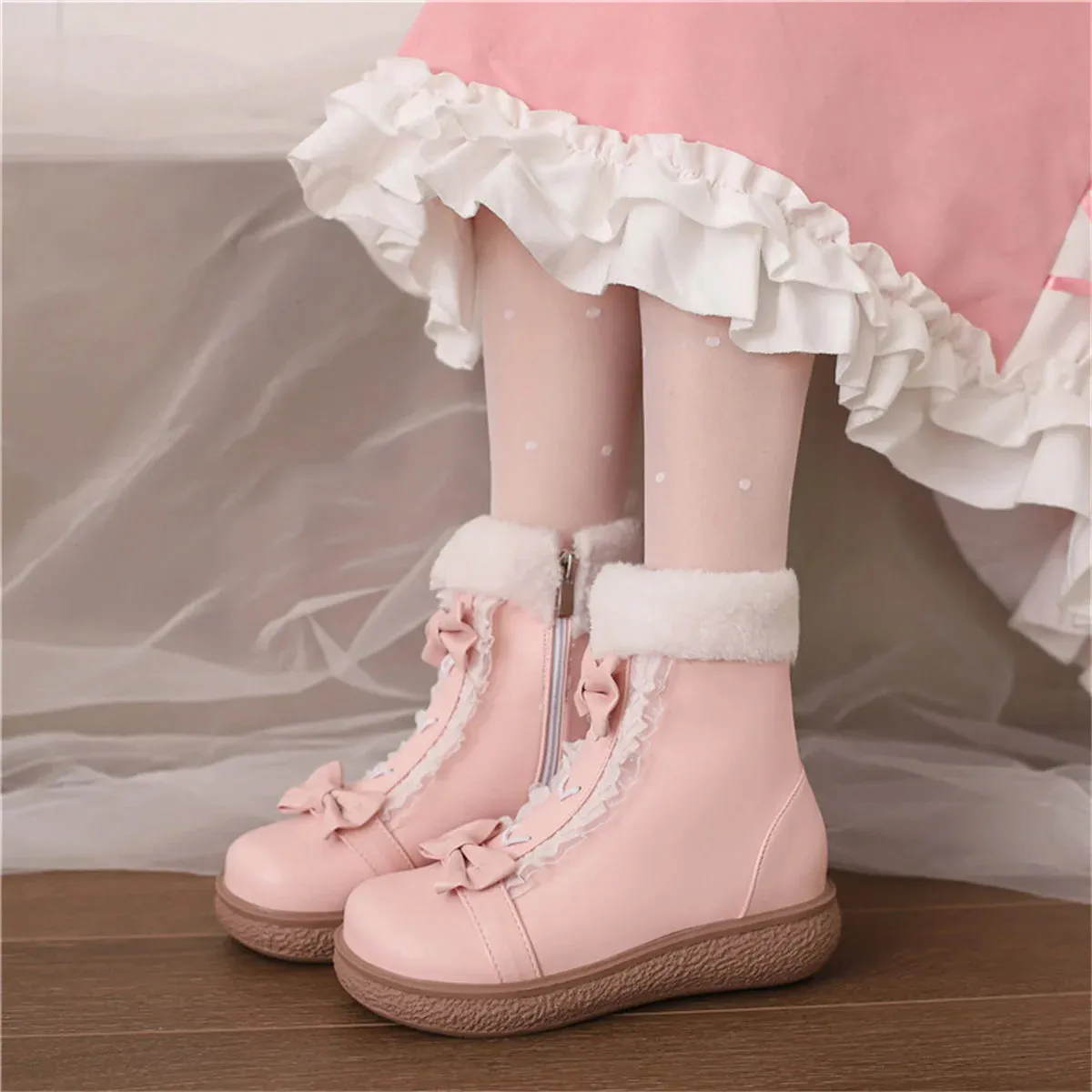 Sohiwoo Winter Warm Japanese Girls Shoes Cosplay Sweet Lolita Fluffy High Top Round Head Flat Bottom Bowknot Lace Zipper 4cm Pu Boots