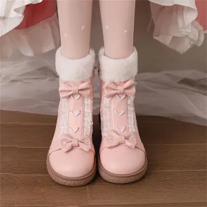 Sohiwoo Winter Warm Japanese Girls Shoes Cosplay Sweet Lolita Fluffy High Top Round Head Flat Bottom Bowknot Lace Zipper 4cm Pu Boots